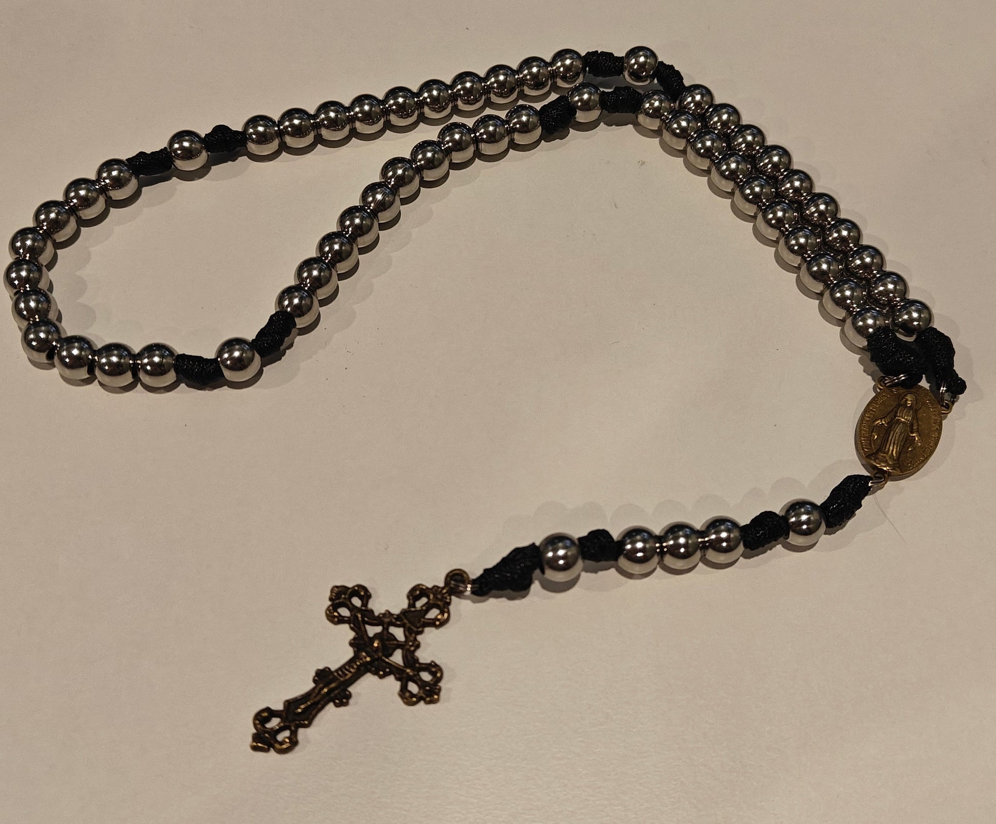 black gutted paracord rosary with bronze miraculous medal and bronze crucifix