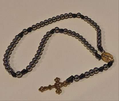 Gray gutted paracord rosary with gold miraculous medal and gold crucifix
