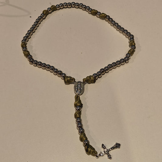 Green Rosary with silver miraculous medal and silver crucifix
