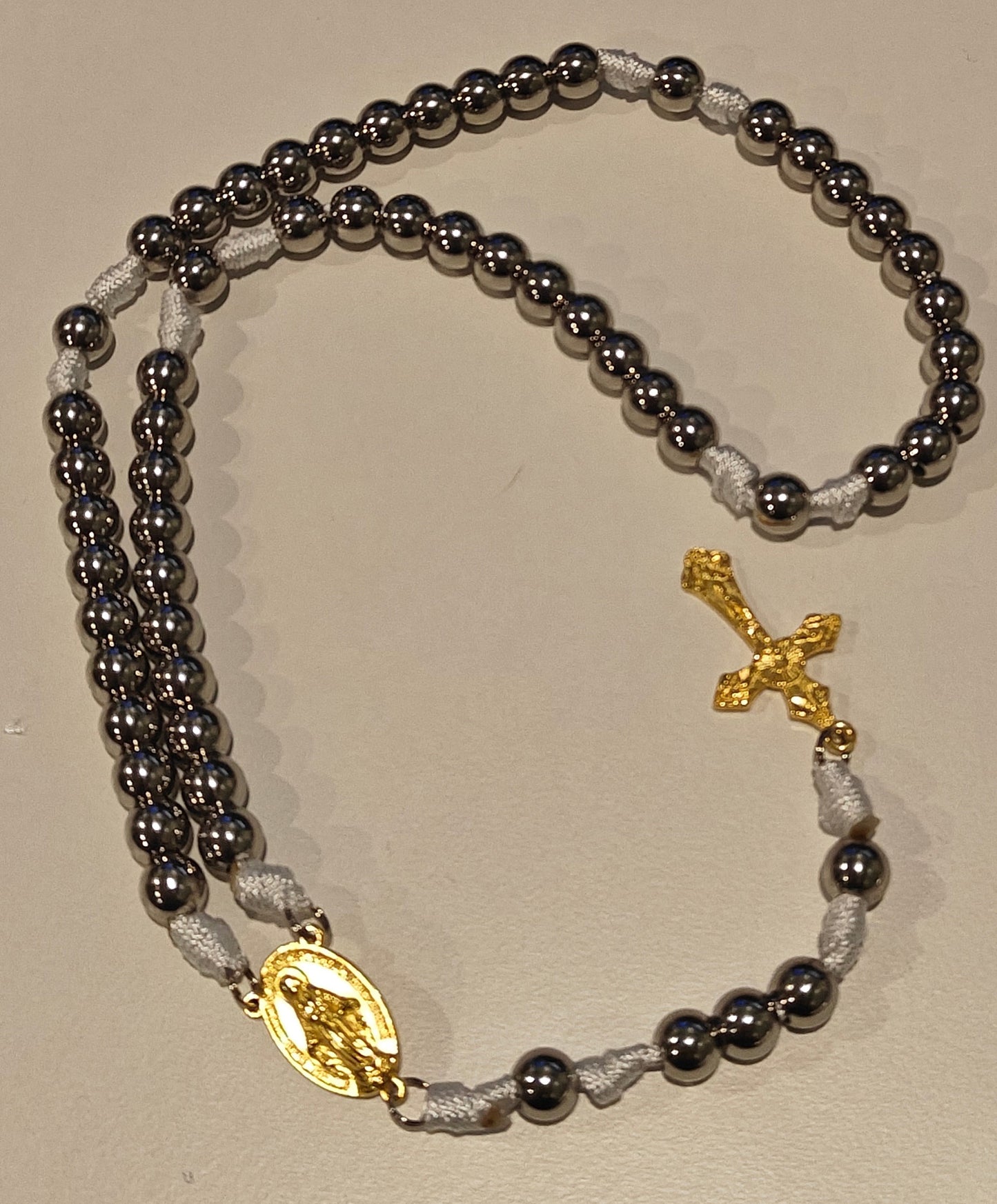 Gutted Paracord Rosary with white gold miraculous medal and white gold crucifix